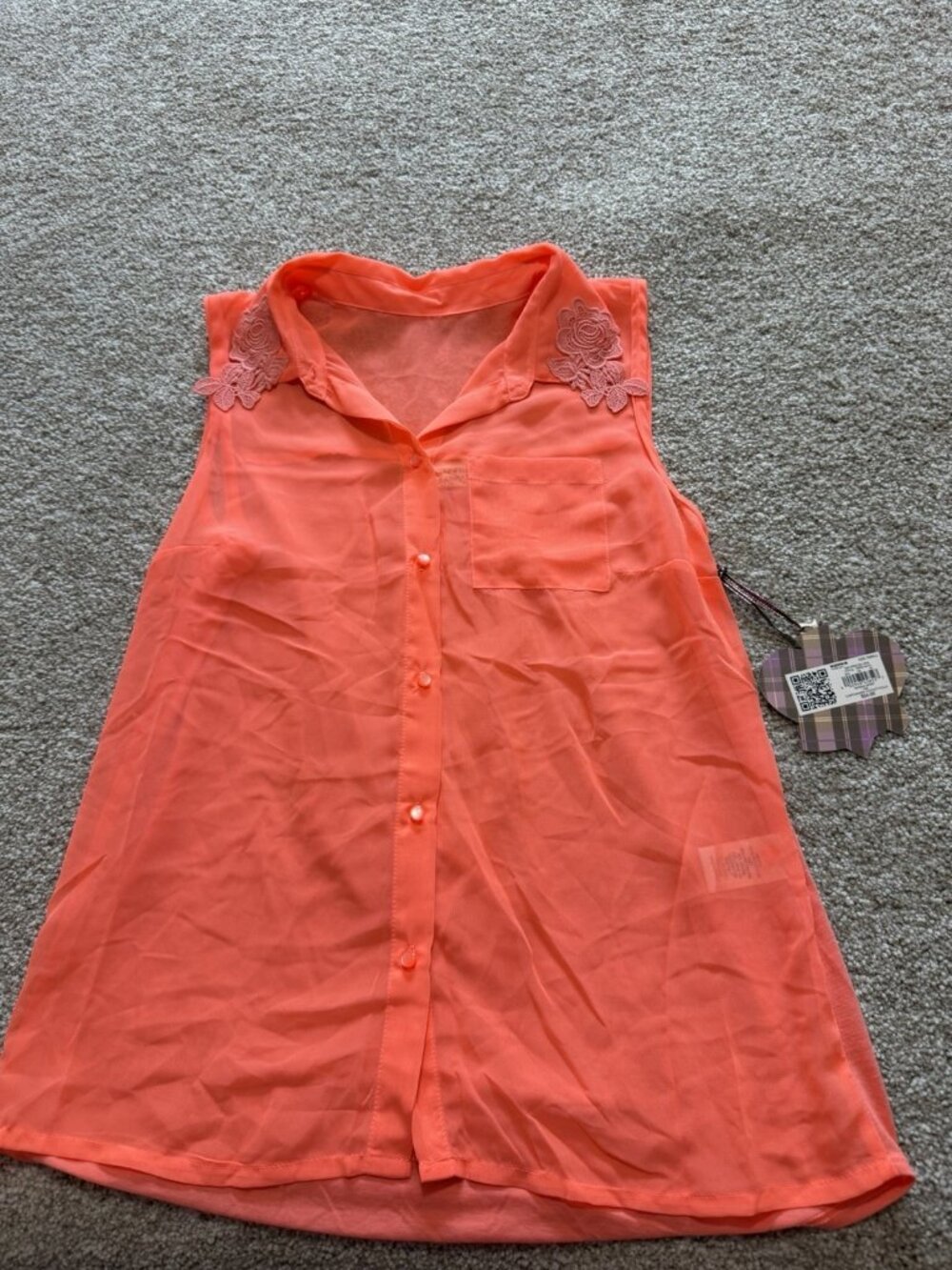 Princess Vera Wang Lace Collar Sleeveless Button Front Blouse Coral Chiffon Sz S